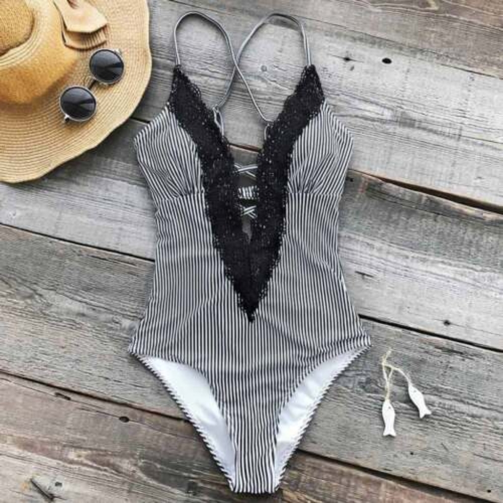 Black and white striped one piece swimsuit
